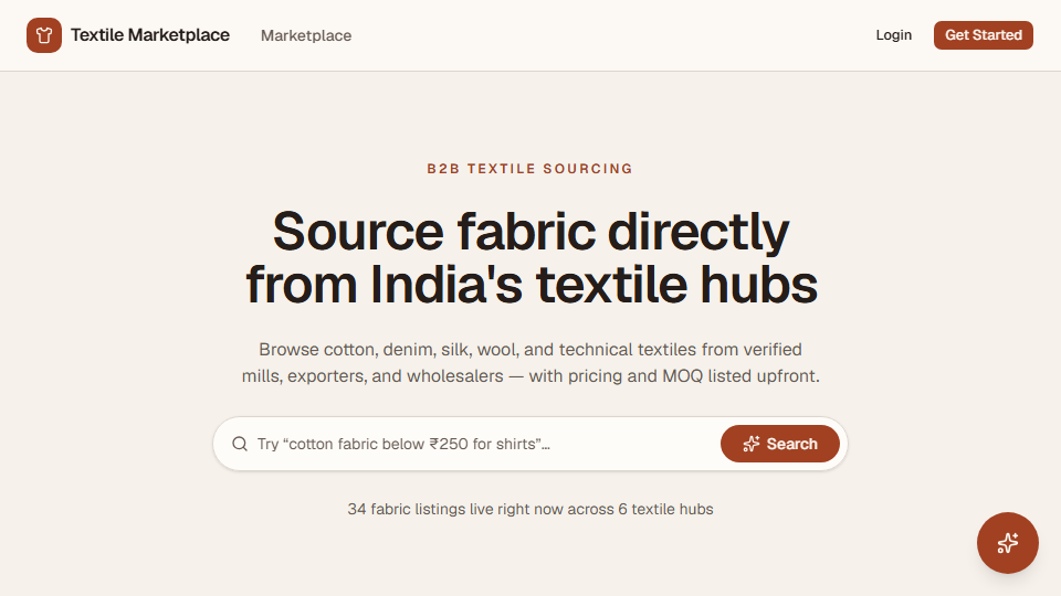 AI B2B Textile — fabric sourcing marketplace, live product screenshot