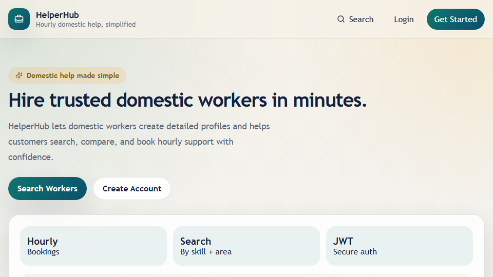 HelperHub — hourly domestic-help booking marketplace, live product screenshot